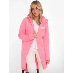 Jerseymantel ZWILLINGSHERZ ""Smile Happiness Laugh"", Damen, Gr. SM (S/M), pink (neonpink), Sweatware, Obermaterial: 50% Baumwolle, 50% Polyester, modisch, comfort fit ca. Mitte Oberschenkel, V-Ausschnitt, Langarm, Mäntel, mit positiver Botschaft, gesticktes Motiv hinten und vorne