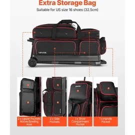 Vevor Bowlingballtasche für 3 Bälle mit Doppelrollen & separatem Fach für Schuhe (bis US-Größe 16) & übergroßer Zubehörtasche, einziehbarer Griff lässt sich auf 105 cm ausziehen Schwarz + Rot