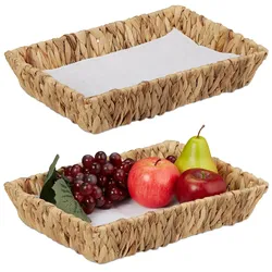 Relaxdays Obstschalen, 2er Set, Dekokörbe für Obst, Brot uvm., aus Wasserhyazinthe, HBT ca. 7x34x24 cm, Boho-Stil, natur