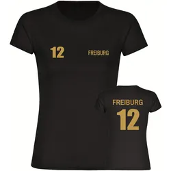 multifanshop Damen T-Shirt - Freiburg - Trikot Nummer 12 gold - Druck gold metallic - Frauen