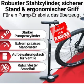 HEIMwert Premium Fahrrad Luftpumpe für alle Ventile, hochpräzises Manometer, komfortable 12 bar Universal Standpumpe Fahrrad – Luftpumpe Fahrra...