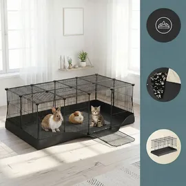 Songmics Kleintierlaufstall mit Doppeltür, Freigehege für Kaninchen, Meerschweinchen, Unterlage, 20 Platten, schwarz - Schwarz