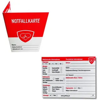 GRAFBURG Notfallkarte für den Geldbeutel – Faltbarer Notfallausweis mit Erste-Hilfe-Guide – 2-seitig zum Ausfüllen medizinischer Daten – Kreditkartenformat - Set mit 6 Karten