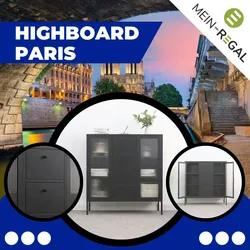 Mein-Regal Highboard Paris Schwarz aus Metall mit Glastüren und Schubladen