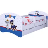 HAPPY BABIES 1x Happy Babies Kinderbett mit Rausfallschutz Junge 140x70 Bett für Kinderzimmer mit Schublade Matratze Einzelbett für Kinder Weiß Blau Hundemotiv - Weiß