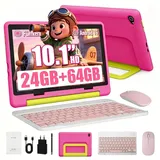 BUFO Android 16 10-Zoll, 24(3+21) GB RAM + 64 GB ROM (TF Expand 1TB) Kinder Tablet (10", 64 GB, Android 16, WiFi 6, Android 16 HD 1280x800 Lernen durch Spielen mit Tastatur/Stift/Maus) rosa