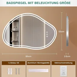 pesenxan Spiegel mit Beleuchtung Asymmetrischer, LED Badspiegel mit Touch-Schalter, 3 Lichtfarbe, Dimmbar, Badezimmerspiegel mit Beleuchtung 80x 53cm