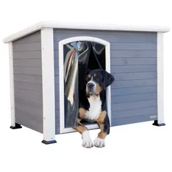 Hundehütte Outdoor - Hundehütte Kenny, wetterfest mit Lamellenvorhang, grau