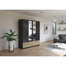 Rauch Kleiderschrank, Schrank Garderobe Wäscheschrank BARI mit Spiegel, 2 Schubladen, für Stauraum, Farbe Graumetallic, Schwarz/Eiche Artisan, Holz, Griffe grau metallic, 181x210x54cm