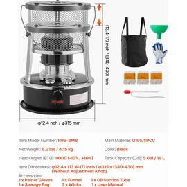 Vevor 9000 BTU Tragbarer Petroleumofen 2-in-1 Heizofen 2 kW Schwarz