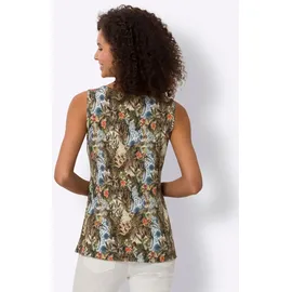 Heine Shirttop HEINE, Damen, Gr. 48, grün (khaki, ecru, bedruckt), 95% Viskose, 5% Elasthan, bedruckt, geblümt, gemustert, mehrfarbig, V-Ausschnitt, Tops Shirttop