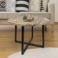 Amagohome Couchtisch Ø 60 cm Wohnzimmer Tisch Beistelltisch Gestell Metall Tischplatte vollmassiv : weiß gekälkt