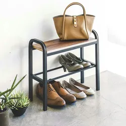 Yamazaki Schuhregal mit Ablage schwarz klein platzsparend schmal Metall Schuhablage für 2 Paar Schuhe 48x46x19cm "TOWER"
