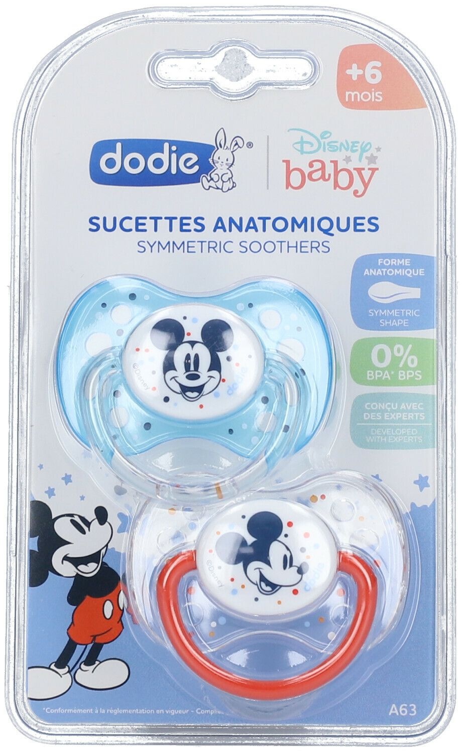 dodie® Sucette Anatomiques +6 mois 'Duo Mickey' silicone avec anneau 2 pc(s) Sucette(s)