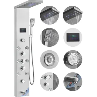 Vevor Duschpaneelsystem, 6 Duschmodi, LED- und Bildschirm-Wasserkraft-Duschpaneelturm, Regenfall, Wasserfall, 8 Massagedüsen, Wannenauslauf, Handbrause, Wandduschset aus Edelstahl