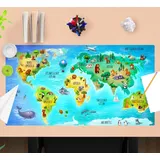 cover-your-desk Schreibtischunterlage für Kinder und Erwachsene Weltkarte in deutsch mit vielen Tieren, aus hochwertigem Vinyl , 74 x 40 cm