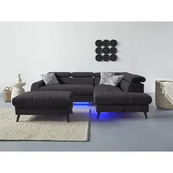 Ecksofa COTTA "Mia L-Form mit 3 Zierkissen", schwarz, B:244cm H:74cm T:193cm, 100% Polyester, Sofas, wahlweise mit Bettfunktion, Bettkasten, Beleuchtung & Wireless-Charger