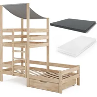 VitaliSpa Hausbett Tom, 90x200 cm mit Schublade und 2 Matratzen, Naturholz - Naturbelassen