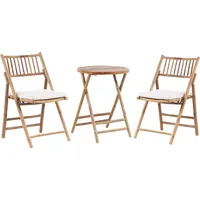 Beliani Balkonset Hellbraun Bambusholz Tisch Rund 57 cm mit 2 Klappbaren Stühlen Auflagen Cremeweiß Landhaus Stil Terrasse Balkon Garten Möbel - Weiß