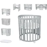 Waldin Babybett OWAL aus Holz 7in1 mit Matratze, mitwachsend,Ohne Stoffset,Holz grau - Grau