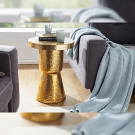 FineBuy Beistelltisch 43 x 59 cm Aluminium - Hammerschlag Alu kleiner Couchtisch - Orientalischer Design Wohnzimmertisch Gold