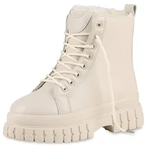 VAN HILL Damen Warm Gefütterte Plateau Boots Stiefeletten Blockabsatz Schuhe Profilsohle Schnürer Kunstfell Booties 201799 Beige 40