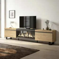 SKRAUT HOME Wohnzimmer TV-Schrank, viel Stauraum, 267x35x57cm, Großes TV-Format, XXL-Elektrokamin, Industriedesign, Eiche und Schwarz - 491_22