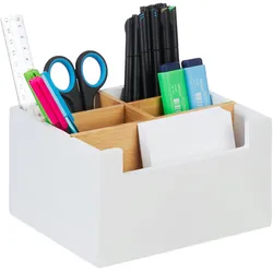 Relaxdays Schreibtisch Organizer, Bambus, 5 Fächer, für Bürobedarf & Kosmetik, Stiftehalter, HBT: 9,5 x 18 x 15 cm, weiß