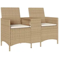 vidaXL Gartensofa 2-Sitzer mit Tisch und Kissen Beige Poly Rattan