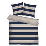 Tom Tailor Renforcé-Bettwäsche, 2*80x80 cm + 200x220 cm, 100% Baumwolle/ Renforcé, mit Wendemotiv und farbigem Markenreißverschluss, BOLD STRIPES Blau, Beige (Dark Navy & Sunny Sand)