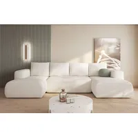 Easy4You Lambi Creme Ecksofa U-Form 338 x 89 x 164 cm mit Schlaffunktion und Stauraum - Schlafsofa mit Bettkasten - Moderne Wohnzimmermöbel – Stoff: Boucle 08