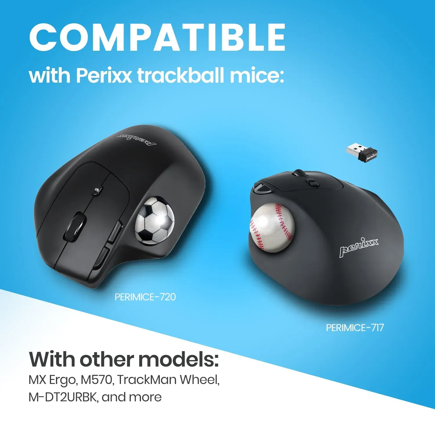 Perixx PERIPRO-303X2F 1,34 Zoll Sport-Trackball - Lustiges Neuheitsdesign Baseball und Fußball - Kompatibel mit M570, M575, PERIMICE-517/520/717/720 und anderen 1,34-Zoll-Trackball-Mäusen