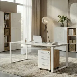 KADIMA DESIGN Schreibtisch-Set MUENCHEN 160x80 cm Glasplatte | Container Chalet-Eiche-Nb./Weiß
