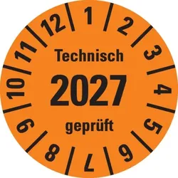 Dreifke® Prüfplakette Technisch geprüft 2027,orange,Dokufolie,selbstkl.,Ø 30mm,18 St/Bogen