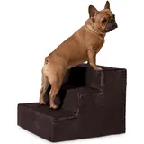 VELORA H&L Hundetreppe 3 Stufen Braun - Stabile Holzkonstruktion mit Veloursbezug, rutschfeste Hundetreppe für Sofa und Bett, Haustiertreppe für Hunde und Katzen, Belastbar bis 80 kg