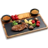 Servierbrett Set, Schiefer Servierbrett Holz, Käsebrett Set aus Akazien-Holz mit Schieferplatte,Schieferplatten Buffet-Platte Käseplatte mit Keramikschale- Perfekt für Antipasti