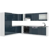 Vicco Eckküche Fame-Line Weiß Dunkelblau Hochglanz 257x347 cm mit Arbeitsplatte Weiß-Marmor