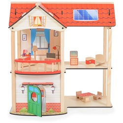 Moni Holz-Puppenhaus Elly 11 Möbelstücke, 2 Etagen, 4 Zimmer, Türe, Küche, Bad rot