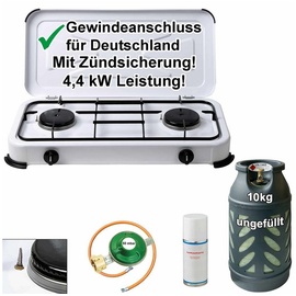 BlueCraft Gaskocher 2-flammig mit Zündsicherung, Gasschlauch, Gasreg...