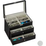 Relaxdays Brillenbox 18 Brillen, Aufbewahrung Sonnenbrillen, Hbt: 22,5 x 33,5 x 19 cm, Kunstleder Brillenkoffer, schwarz