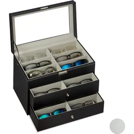 Relaxdays Brillenbox 18 Brillen, Aufbewahrung Sonnenbrillen, Hbt: 22,5 x 33,5 x 19 cm, Kunstleder Brillenkoffer, schwarz