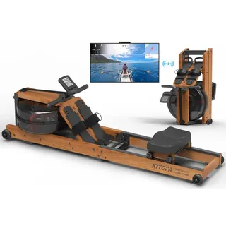 Kitopa Wasser Rudergerät Holz, Rudergerät für Zuhause klappbar mit 30 Tage Kinomap Mitgliedschaft, Max Benutzerhöhe 2m/160kg, Rudergeräte Wasser mit Bluetooth Display & Verstellbarer Handy-Halter