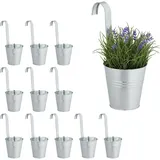 Relaxdays Hängetöpfe, 12er Set, Geländertöpfe aus Metall, HBT: 30 x 13 x 20 cm, verzinkte Balkonblumentöpfe, silber