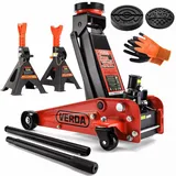Hydraulischer Rangierwagenheber 3T, 130-490 mm + 2X Gummi + Montagehandschuhe Wagenheber Unterstellbock Geländewagen, SUV, Jeep Wohnmobil Profi (Wagenheber 3T + 2X Unterstellbock mit Sicherung)