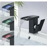 Badezimmer-Wasserhahn, modernes Wasserfall-Design, Waschbecken-Wasserhahn, schwarze LED, langlebig, heißes und kaltes Wasser einstellbar