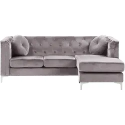 Ecksofa Samtstoff linksseitig grau Chesterfield-Design 3-Sitzer FLEN