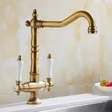 Vintage Küchenarmatur, Retro-waschtischarmatur Mit 2 Griffen, Einstellbarem Warm- Und Kaltwasser, 360° Drehbar, Bronze