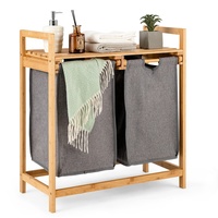 LIFEZEAL Wäschekorb aus Bambus, Wäschetonne mit Regal & 2 Ausziehbaren Wäschesäcken, Wäschesammler 2 Fächer für Schmutzwäsche, Wäschesortierer Wäscheschrank für Badzimmer