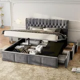 okwish Polsterbett Boxspringbett mit 3 Schubladen, hydraulisches Bett, funktionelles Stauraumbett, Nietenverzierung, 180x200 cm, ohne Matratze, Sam... - Grau