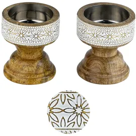 Marrakesch Orient & Mediterran Interior 2er Set Boho Deko Teelichthalter Kerzenständer aus Holz Hamida